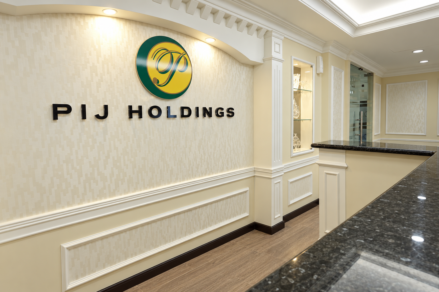 Visual ruang penerimaan PIJ Holdings berdasarkan foto asal, dikemaskan dengan AI